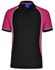 A black polo shirt with pink and white accents, featuring a collar and a logo.