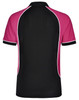 A polo shirt featuring a black body with pink accents and white piping details. The back view highlights the tricolour design.