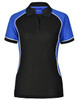 A women's tri-colour short-sleeve polo shirt in black with blue accents and white piping. Features a logo on the collar.