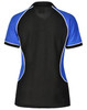 A tri-colour short-sleeve polo shirt featuring black, blue, and white accents, with a logo on the upper back.