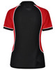 A ladies' tri-colour polo shirt featuring black, red, and white accents with a logo. The design is stylish and sporty.