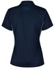 A navy blue ladies' polo shirt featuring contrast piping and a logo on the back.