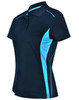 A navy blue polo shirt with light blue contrast panels and a collar. Features a logo on the shirt.