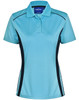 A light blue ladies' polo shirt featuring contrast black side panels and a logo on the collar.