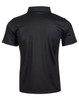 A black short-sleeve polo shirt with a collared neckline and a logo. The back view displays a smooth, solid design.