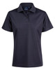 A navy blue ladies' polo shirt with a classic collar and short sleeves. It features a logo on the label.