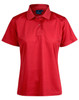 A red ladies' polo shirt with a short sleeve, featuring a collar and buttons, and includes a logo.