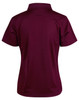 A burgundy ladies' polo shirt with a short sleeve and a standard collar, featuring a logo on the back.
