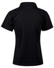 A black ladies' polo shirt with short sleeves and a classic collar, featuring a logo on the back.