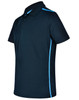 A navy blue short sleeve polo shirt with contrasting light blue side stripes and a logo on the chest.