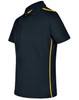 A men's short sleeve polo in navy blue with yellow contrast detailing and a logo on the chest.