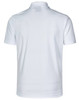A white men's short sleeve polo shirt with a smooth finish and a brand logo on the back.