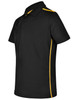 A black short sleeve polo shirt with contrasting yellow side stripes and a logo on the chest.