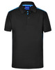 A black polo shirt with contrast blue detailing, featuring a collar and two buttons, and a logo on the label.