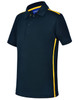 A kids' short sleeve polo in navy with yellow contrast side panels. The shirt features a collar and buttons.