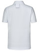 A white kids' short sleeve polo shirt featuring a collar and a logo on the back.