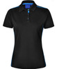 A black ladies' polo shirt with short sleeves and blue contrast detailing, featuring a collar and buttons.