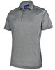 A grey short sleeve polo shirt with subtle white detailing and a logo on the collar.