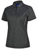 A women's short sleeve polo shirt in charcoal grey with white accents and a logo.
