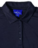 A navy blue polo shirt with a collar, featuring a buttoned placket and a logo on the label.