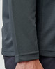 A close-up of a men's long sleeve polo shirt in dark grey, featuring a textured fabric and a logo.