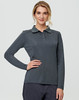 A long-sleeved polo shirt in dark grey, featuring a collar and button detail, with a logo on the chest.