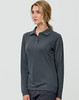 A long-sleeve polo shirt in dark grey, featuring a collar and a logo. Suitable for ladies' wear.