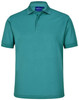 A teal men's sustainable poly/cotton short-sleeve polo shirt with a collar and buttons, featuring a brand logo.