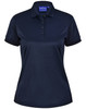 A ladies' short-sleeve polo shirt in navy, featuring a collar, buttons, and a logo. Made from sustainable poly/cotton.