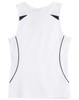 A white singlet with black accents and a mesh detailing on the sides, featuring a logo.