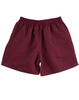 Burgundy microfibre sports shorts with an elastic waistband and smooth fabric. Features a logo.