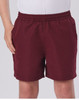 Kids microfibre sports shorts in a deep burgundy colour, featuring an elastic waistband and side pockets.