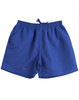 Blue microfibre shorts featuring an elastic waistband and side pockets, with a branding logo.