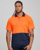 A man wears a high-visibility orange and navy short-sleeve safety polo shirt with a pocket. The shirt features a logo.