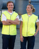 A hi-vis safety vest in bright yellow, worn by two smiling individuals. The vests feature a grey trim and have a logo.