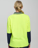 A high-visibility long-sleeve safety polo in bright yellow with navy blue sleeves. Features a collar and logos.
