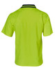 A bright high-visibility yellow safety polo shirt with short sleeves and a contrasting collar, featuring a logo.