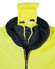A bright yellow flying jacket with a black collar and lined hood, featuring a zip closure and internal drawstrings.