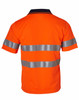 An orange short-sleeve safety polo shirt featuring reflective 3M tape stripes. The shirt has a navy collar and branding.