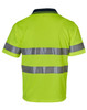 A bright yellow safety polo shirt featuring reflective silver stripes on the back. It includes a collar and branding.