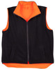 A reversible safety vest featuring a black exterior and bright orange interior, designed with pockets and a zip front.