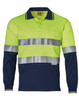 A long-sleeve safety polo shirt in fluorescent yellow and navy, featuring reflective stripes and a pocket.