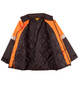 Hi-vis two-tone quilted safety jacket in orange and black, featuring 3M reflective tapes and an inner lining.