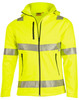 Hi-vis yellow softshell hooded jacket featuring silver 3M reflective tape and zip pockets. Includes branding on the jacket.