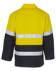 A Hi-Vis two-tone safety jacket in yellow and navy blue, featuring reflective 3M tape details and a logo.