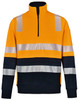A high-visibility jumper in orange and navy with reflective stripes and a quarter zip. It features a logo on the sleeve.