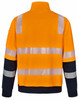 An orange and navy work jumper featuring reflective stripes and a collar, designed for safety.