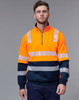 A vibrant orange work jumper with reflective stripes and navy blue accents, featuring a half-zip collar.