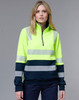 A high-visibility work jumper in fluorescent yellow and navy, featuring reflective strips and a zip-up collar.