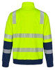 A high-visibility jumper in fluorescent yellow with navy blue sleeves and reflective stripes on the back.